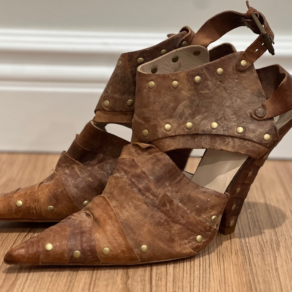 Christian Dior Brown Leather Studded Distressed bootie Shoes circa 2007 Size 39